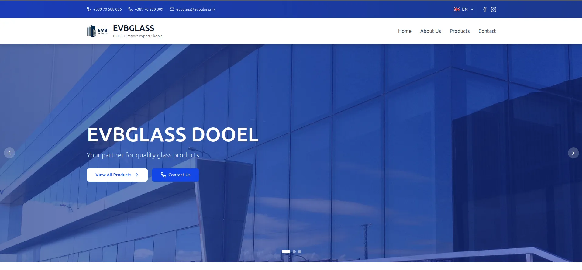 Screenshot of EVBGLASS Corporate Website